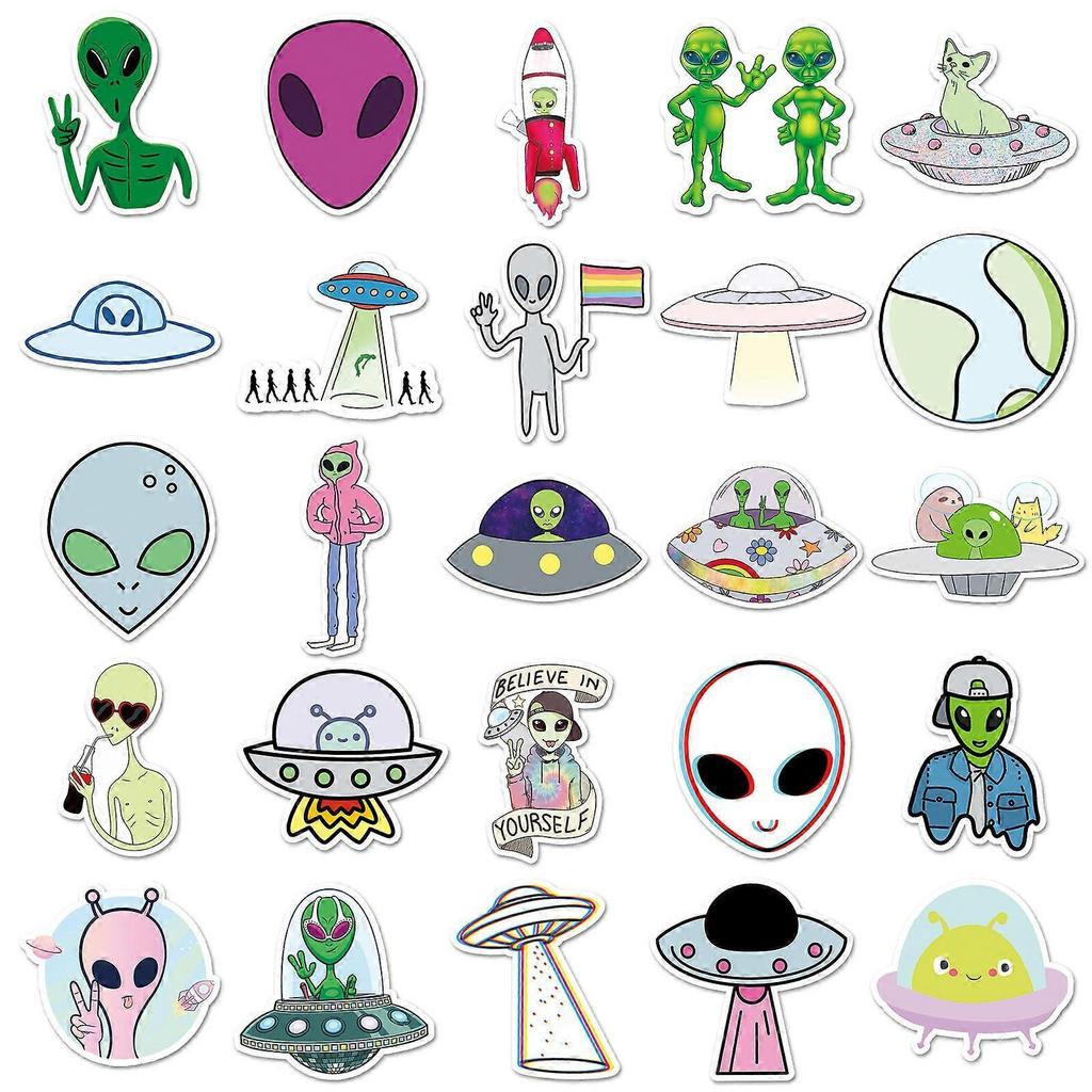 50 Alien Doodle Cartoon UFO Stickers - Waterproof DIY Journal, Skateboard, and Luggage Stickers