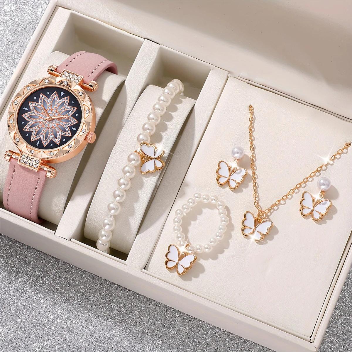 

Fashion Trendy Light Luxury Diamond Set Flower Dial Leather Strap Women Quartz Watch Butterfly Jewelry 6 Piece Set for Thanksgiv розовый