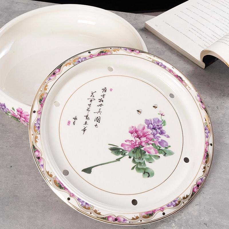 14-inch Ceramic Round Tea Tray for Gongfu Tea, with Double-Layer Water Storage
