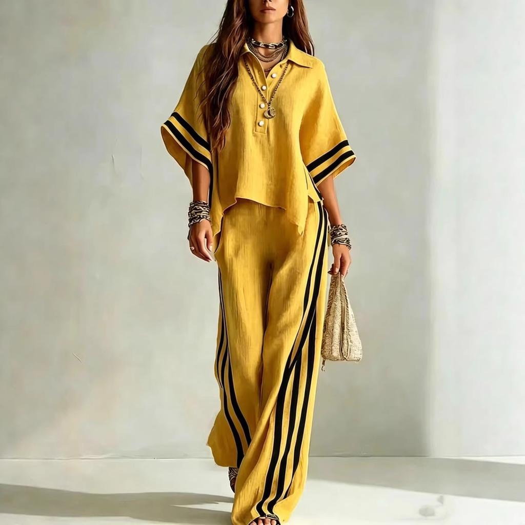 Women's Color Block Striped Dolman Sleeve Polo Shirt & Wide Leg Pants 2 Piece Set