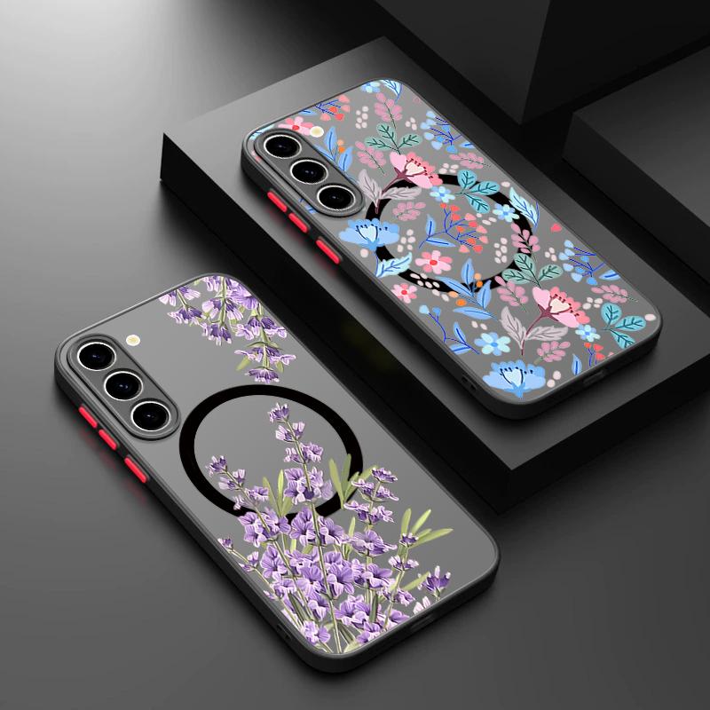 Butterfly Flowers Pattern Magnetic Phone Case For Samsung Galaxy S26 S25 Ultra S24 S23 FE S22 Ultra For Magsafe Hard Matte Cover