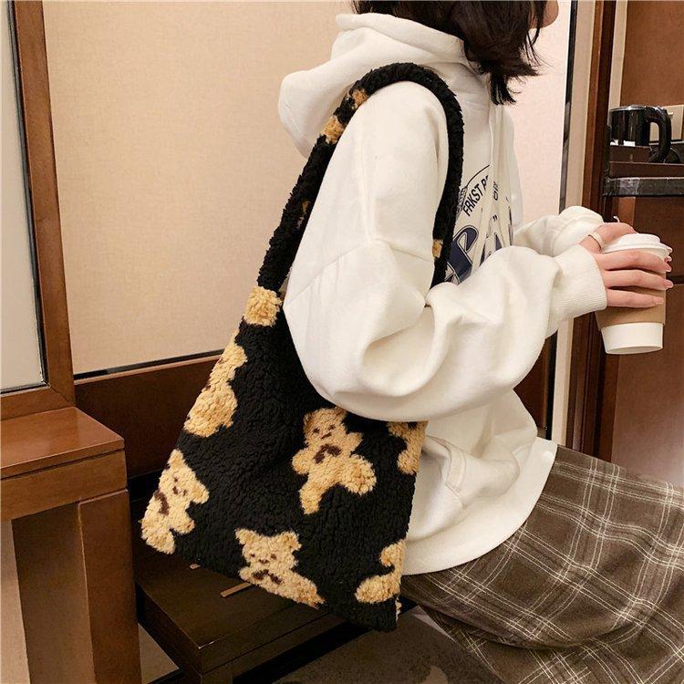 Damen-Umhängetasche aus Plüsch, warme Stoffhandtasche, weiche Canvas-Tragetasche, große Kapazität, Einkaufstaschen, süße Bären-Büchertaschen für Damen