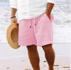 Men's Striped Cotton Linen Beach Shorts with Multi-Pocket and Drawstring