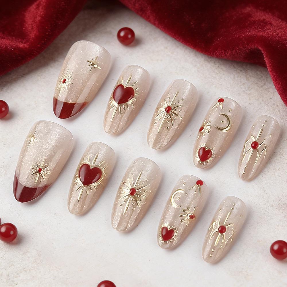Medium Almond Red Heart Cat Eye Nails with Gold Foil - 30 Piece Set, Removable