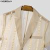 INCERUN Men Summer Deep V Striped Stitching See Through Mesh Sheer One Button Shirts