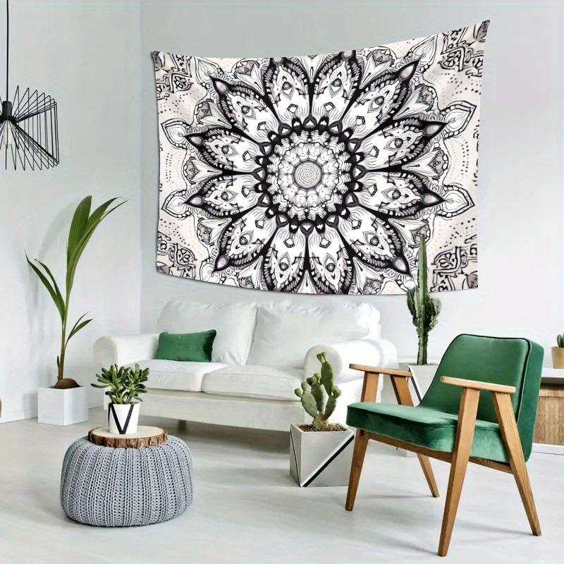Schwarz-Weiß Mandala Wandteppich Böhmisches Geometrisches Design Psychedelisches Wandbehang für Schlafzimmer oder Wohnheim Dekor