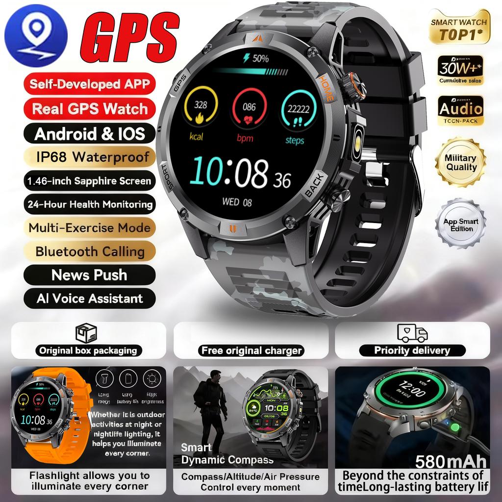 New Military Outdoor Dual-Band GPS Track Smartwatch Men Bluetooth Call Compass Swimming Grade 5ATM Waterproof Smart Watches
