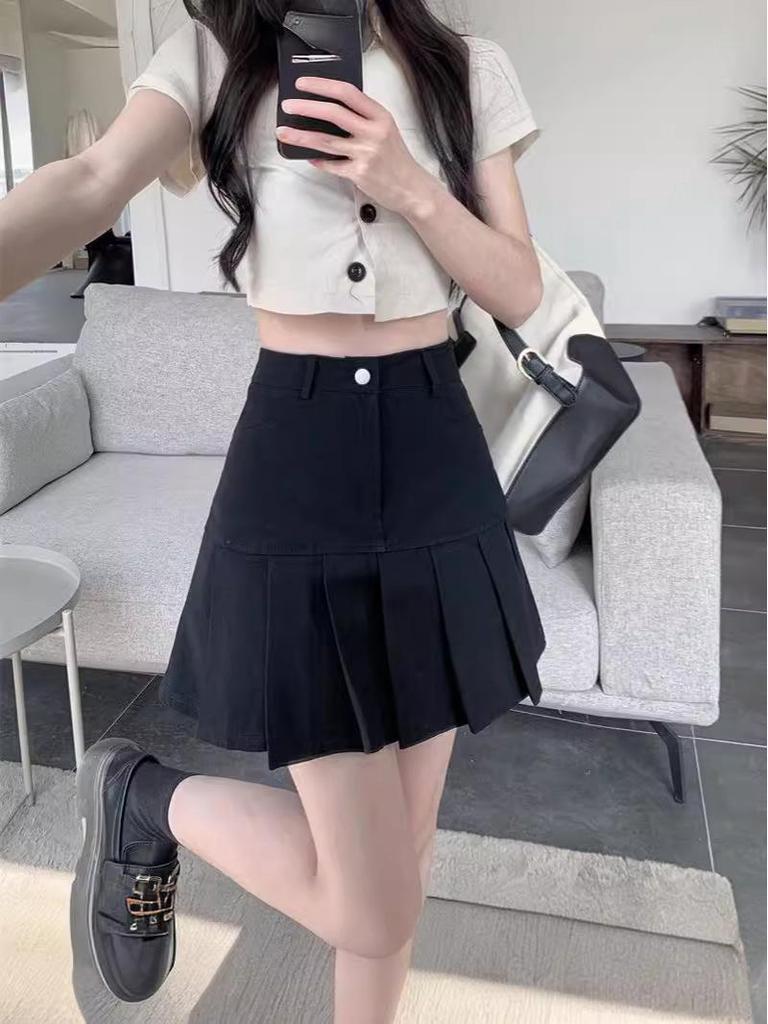 High-Waist Black Pleated A-Line Skirt for Women, Summer 2024 - Anti-Exposure & Slimming Design