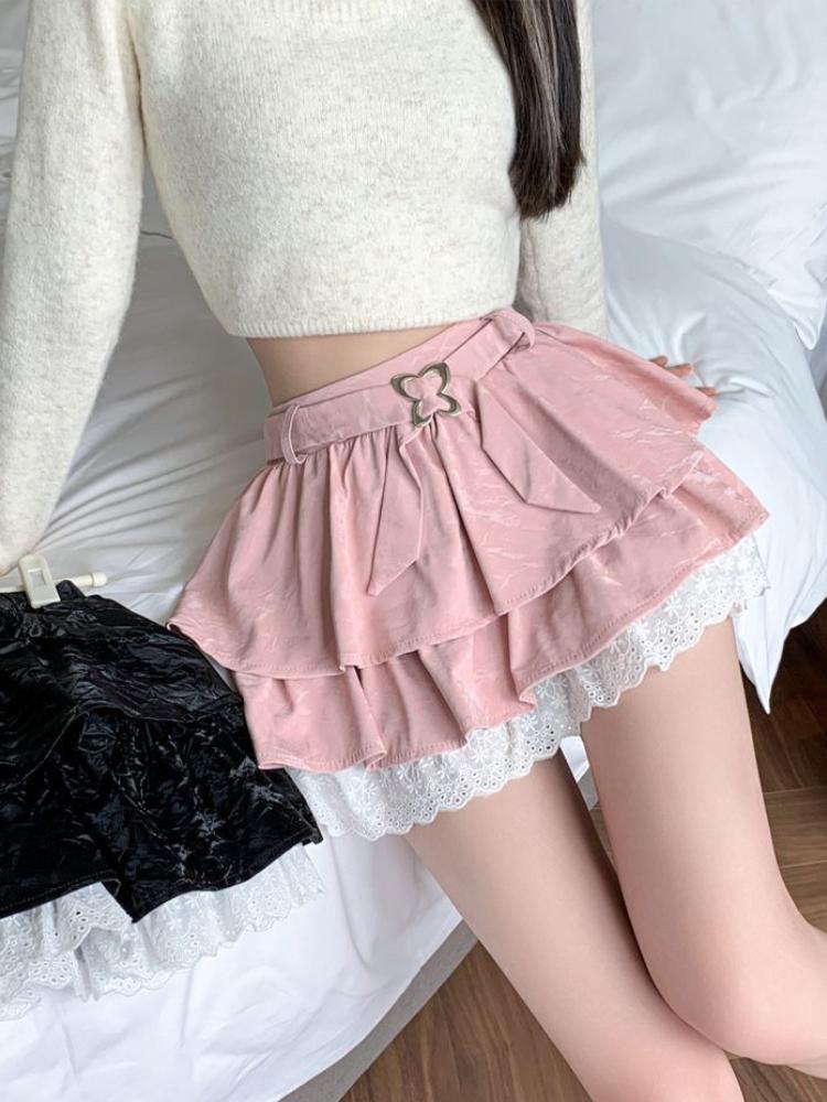 Women Pink A-line Pleated Skirt Vintage Fashion 90s Aesthetic Y2k Mini Cake Skirt Harajuku Korean Lolita Skirt 2000s Clothes