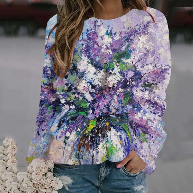 Oil painting flower pattern 3D printing sports shirt women's long sleeved shirt