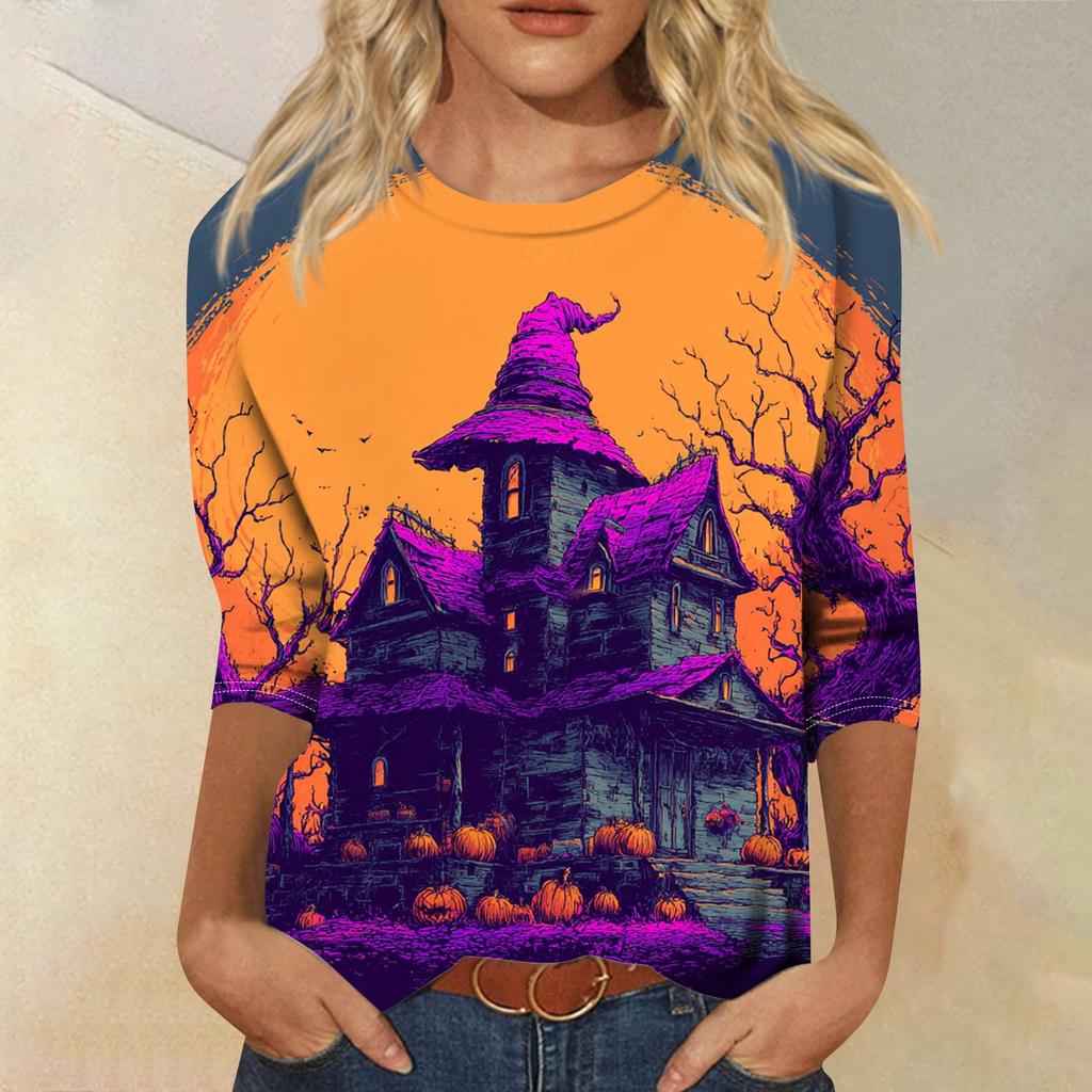 Women's Fashion Casual Round Neck Three-quarter Sleeve Halloween Printed T-shirt Top