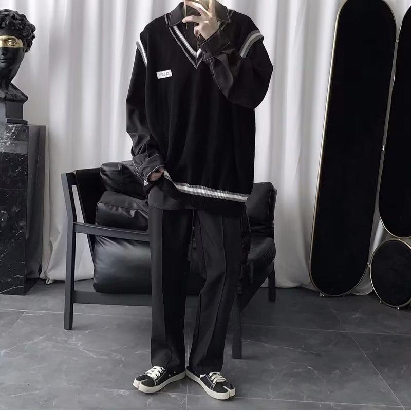 

Японский ретро черный вязаный свитер с V-образным вырезом жилет для мужчин - студенческий стиль весна & осень многослойный топ M чёрный