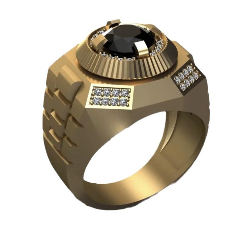 Mode Männer Gold Farbe Runde Männer Ringe Luxus Schwarz Steine Hochzeit Party Braut Ring Schmuck