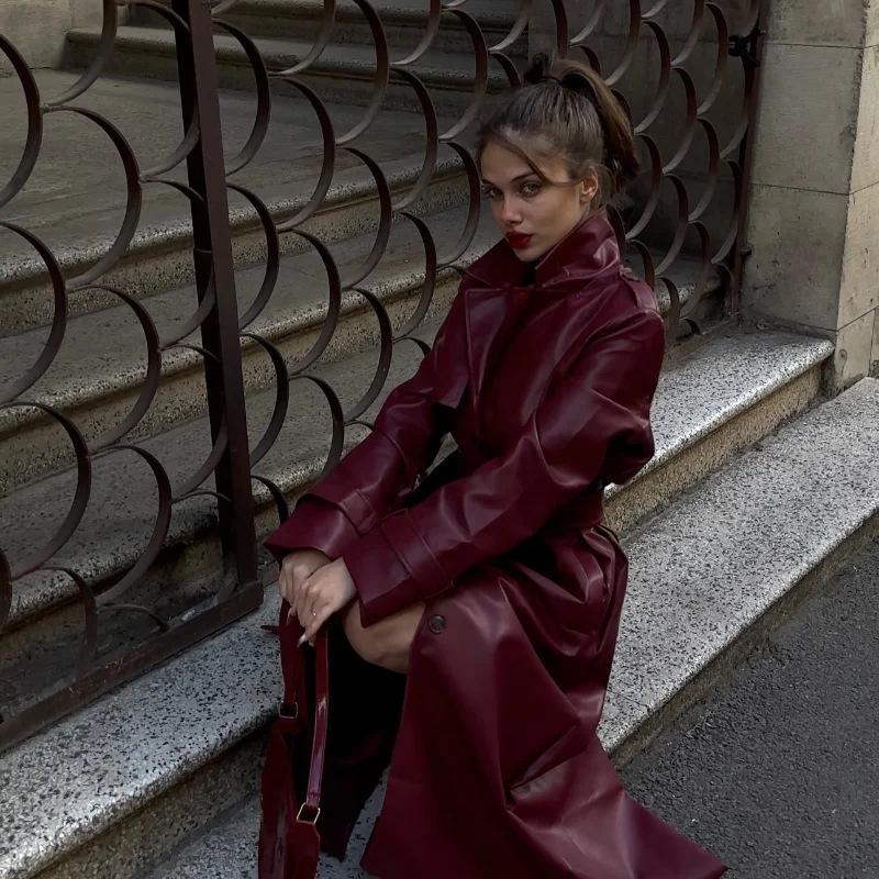 Europäischer & Amerikanischer Stil Damen Herbst/Winter Kunstleder Trenchcoat mit Revers & Gürtel