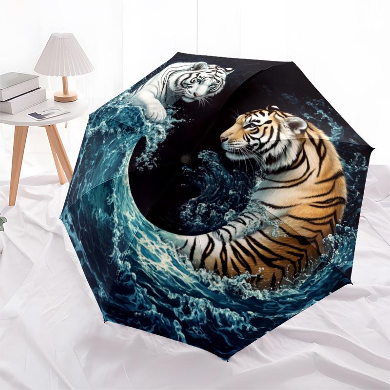 Ferocious Tiger Pattern, Automatic Folding Umbrella, Portable and Foldable Design, 8 Ribs, a Christmas or Birthday Gift.