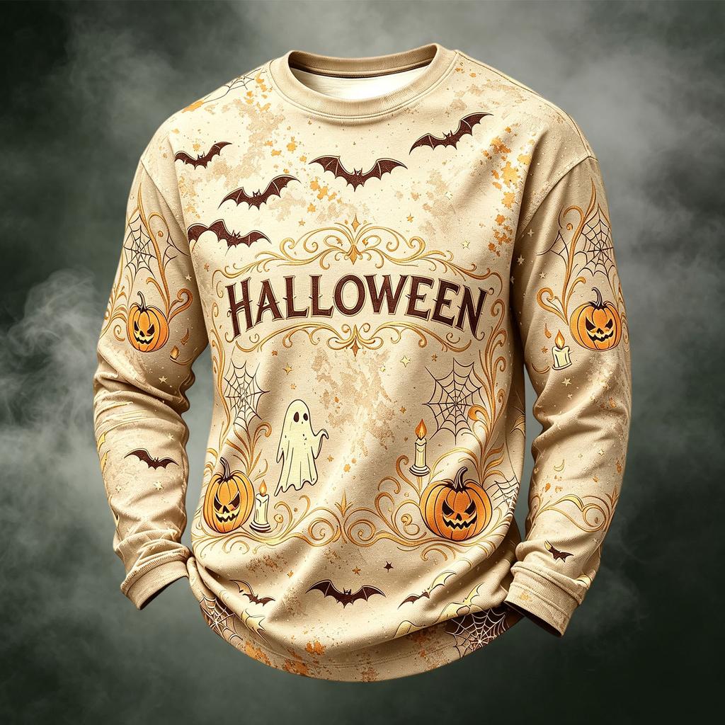 Men's Casual Knit Neck Long Sleeve Top with Halloween Print