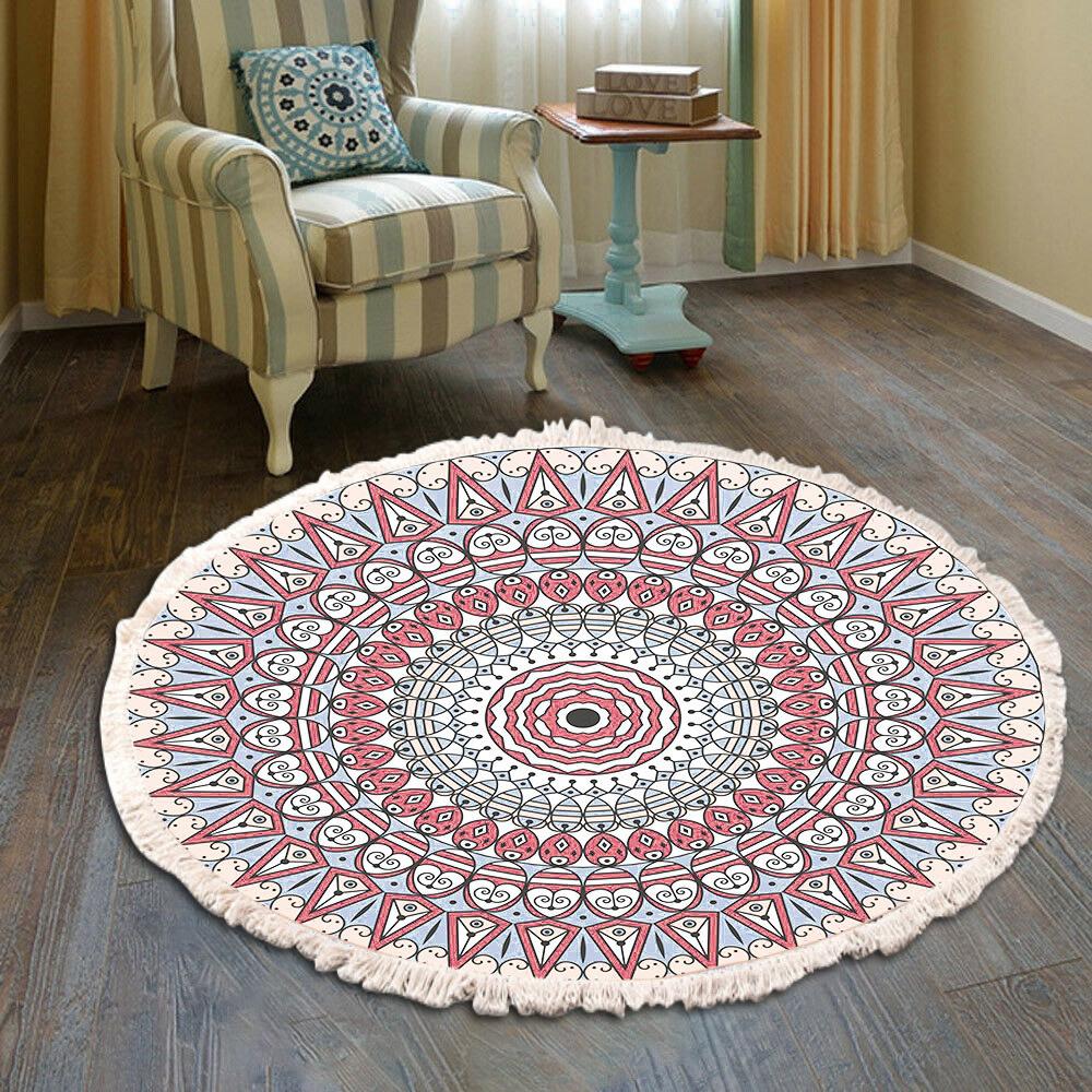 Nordic Round Carpets Bohemia Ethnic Tassel Yellow Mandala Carpet Living Room Cotton Linen Big Rugs Modern Classic 120cm Mats