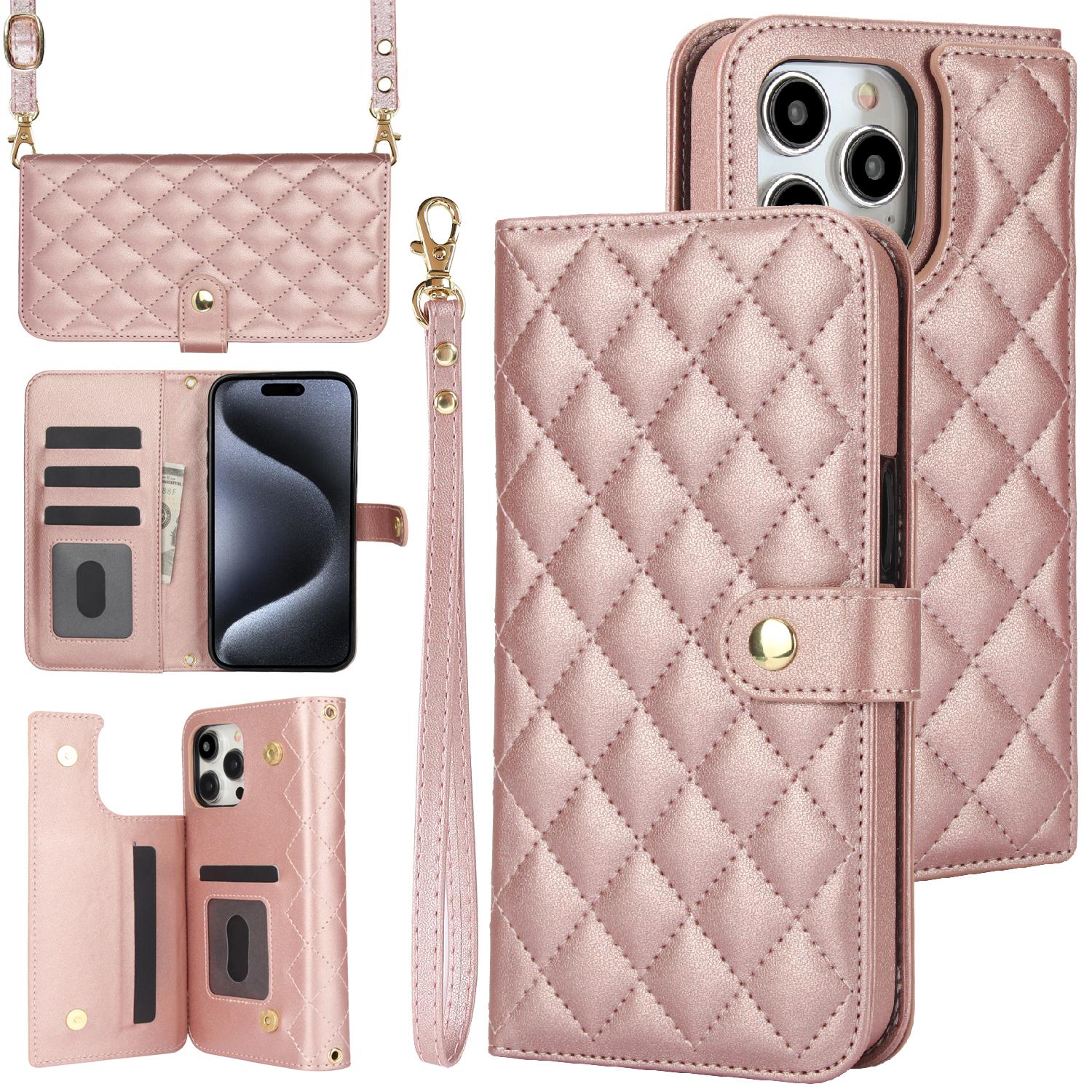 

Шкіряний чохол Crossbody Wallet Card Slots для iPhone 15 14 13 12 Pro Max Xs Max Xr 8 / Samsung S24 S23 S22 S21 Ultra Plus A14 A13 A54 A53 A52 iPhone 14 Pro Max рожевий колір золота