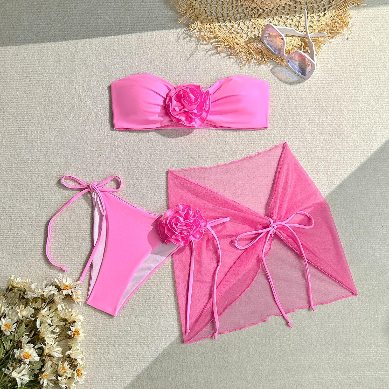 New Three-Piece Swimsuit Women S Tube Top With Three-Dimensional Big Flower Strap Thong Sexy Beach Swimsuit M