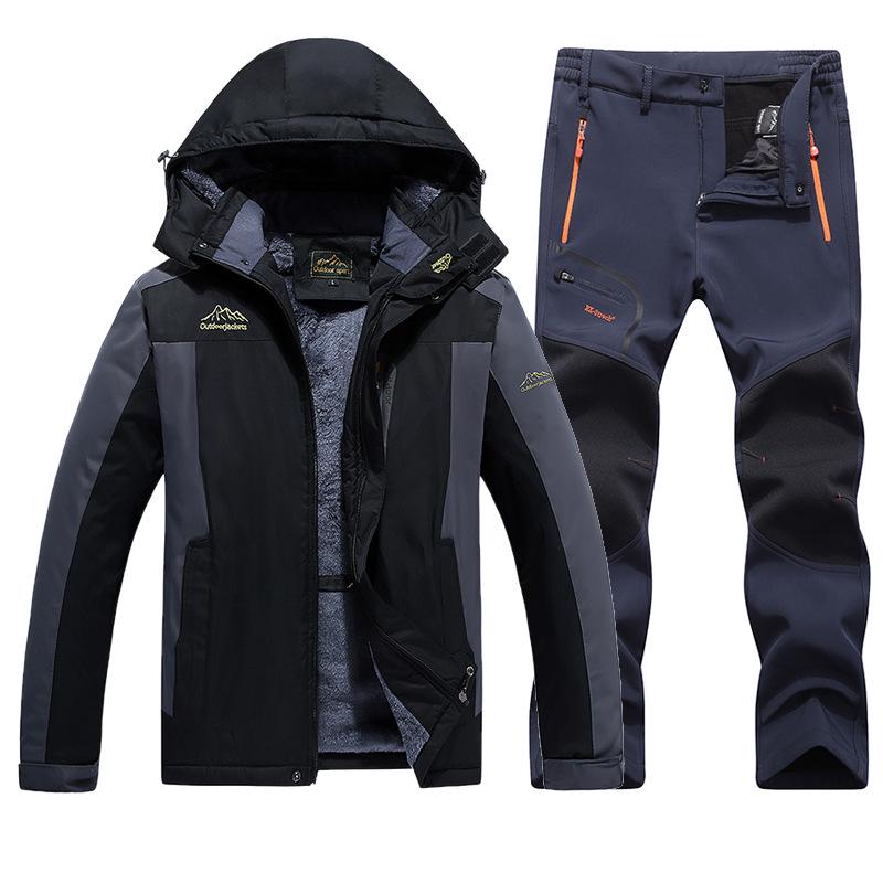 

Мужской зимний костюм для альпинизма большого размера с флисовой подкладкой: Ветронепроницаемый, Дождестойкий, Толстый и Теплый. XXXL синий/чёрный