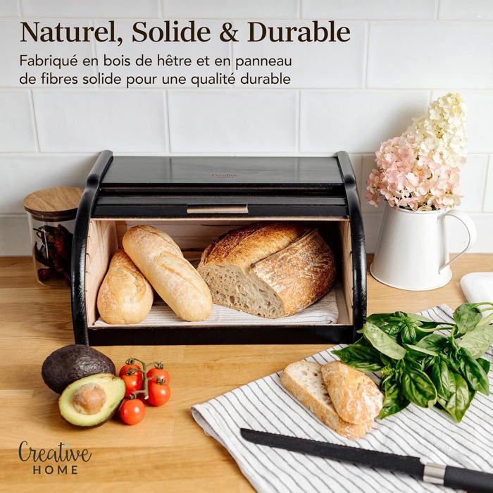 Boîte à Pain Noire - CREATIVE HOME - 38 x 28,5 x 17,5 cm - Bois de hêtre - Industriel - Loft