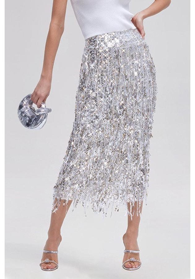 Women's Solid Color Sequin Tassel Long Pencil Skirt with Slit - European & American Fashion