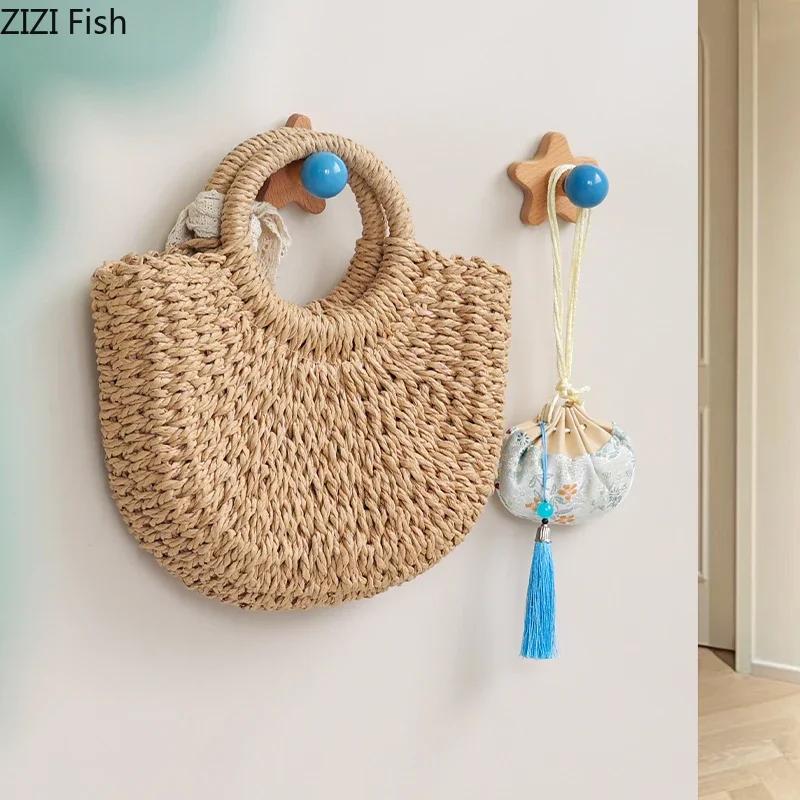 Five-pointed Star Wood Hook Clothing Hat Hooks Wall-mounted Storage Hanging Hooks Wall Storage Holder Decorative Shelves