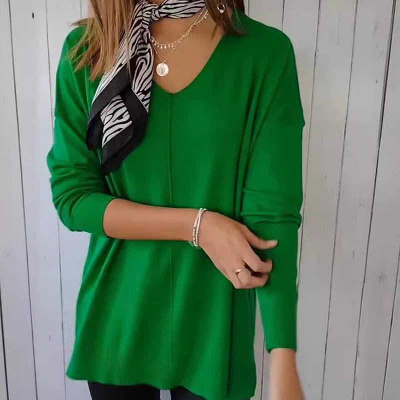 

Women s Long Sleeve V-Neck Knitwear: European & American Style Loose Fit Solid Pullover Top 5XL