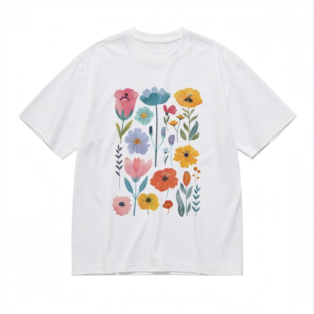 Women's Soft Comfortable Classic T-Shirt Colorful Floral Illustration Cotton Tee