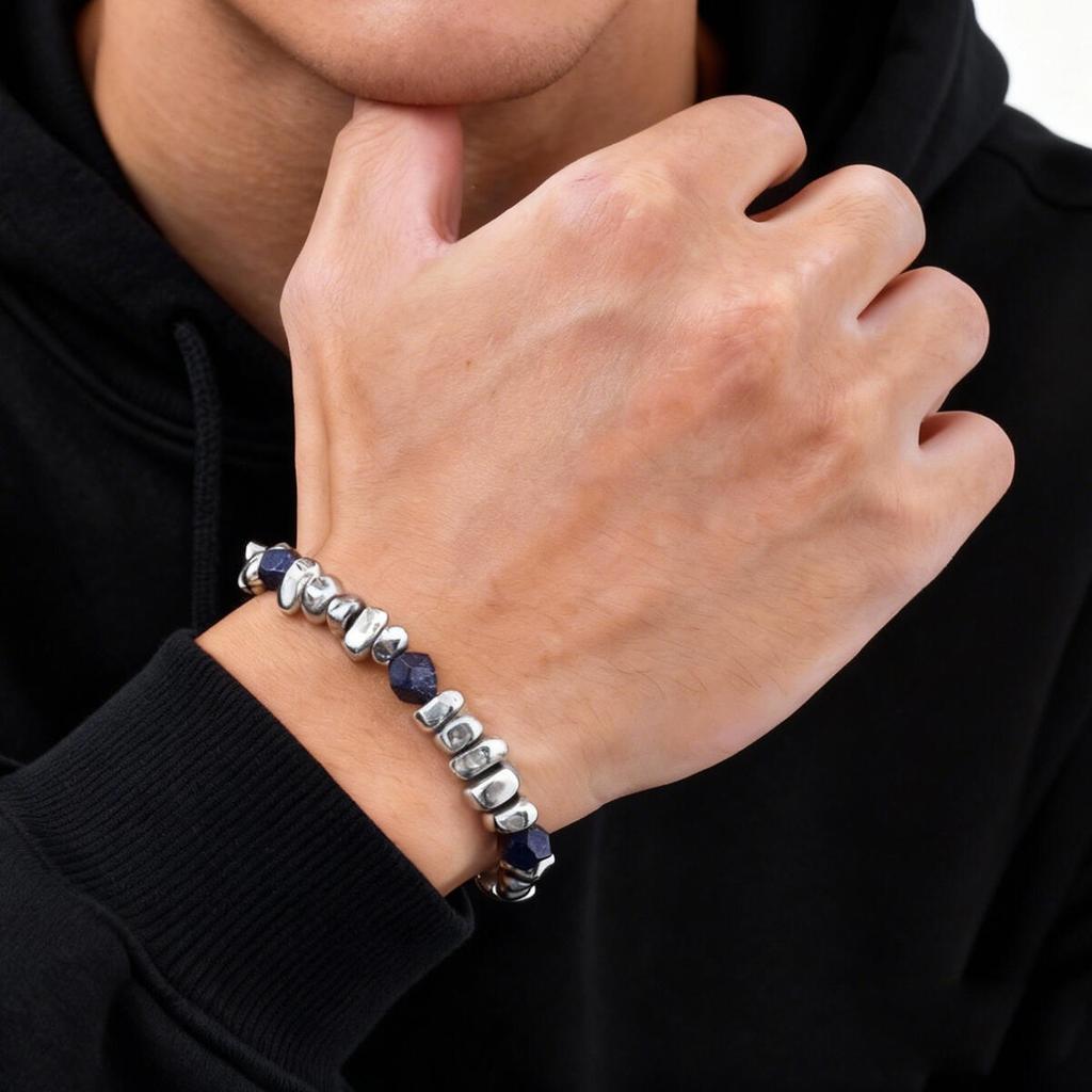 Hip Hop Men's Bracelet,Irregular Silver Gallstone Adjustable Beaded Bracelets,Birthday Party Jewelery Gift