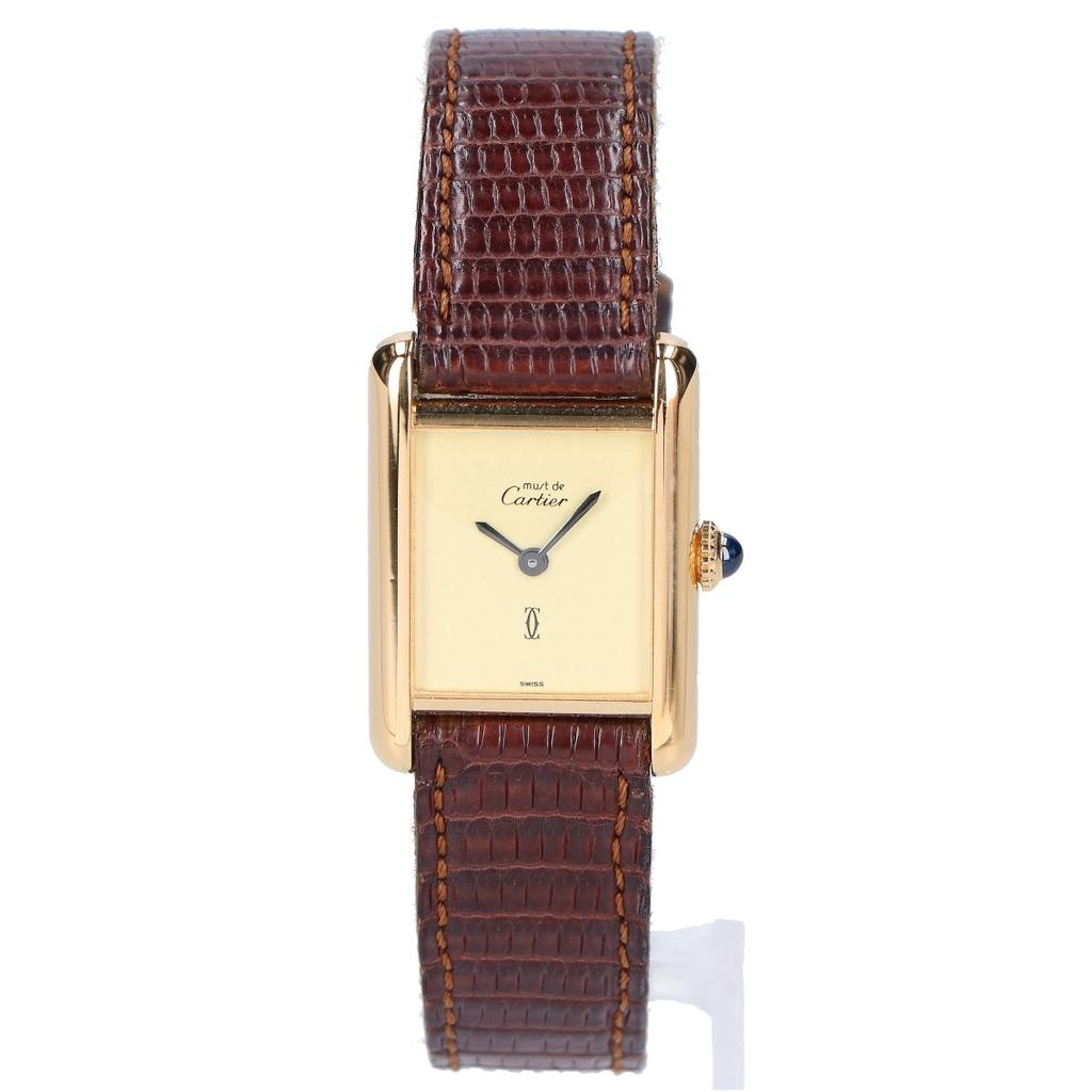 Cartier 1976-1981 925 Must Tank Vermeil SM Mostrador Marfim Corda Manual Relógios de Couro - ouroUsado