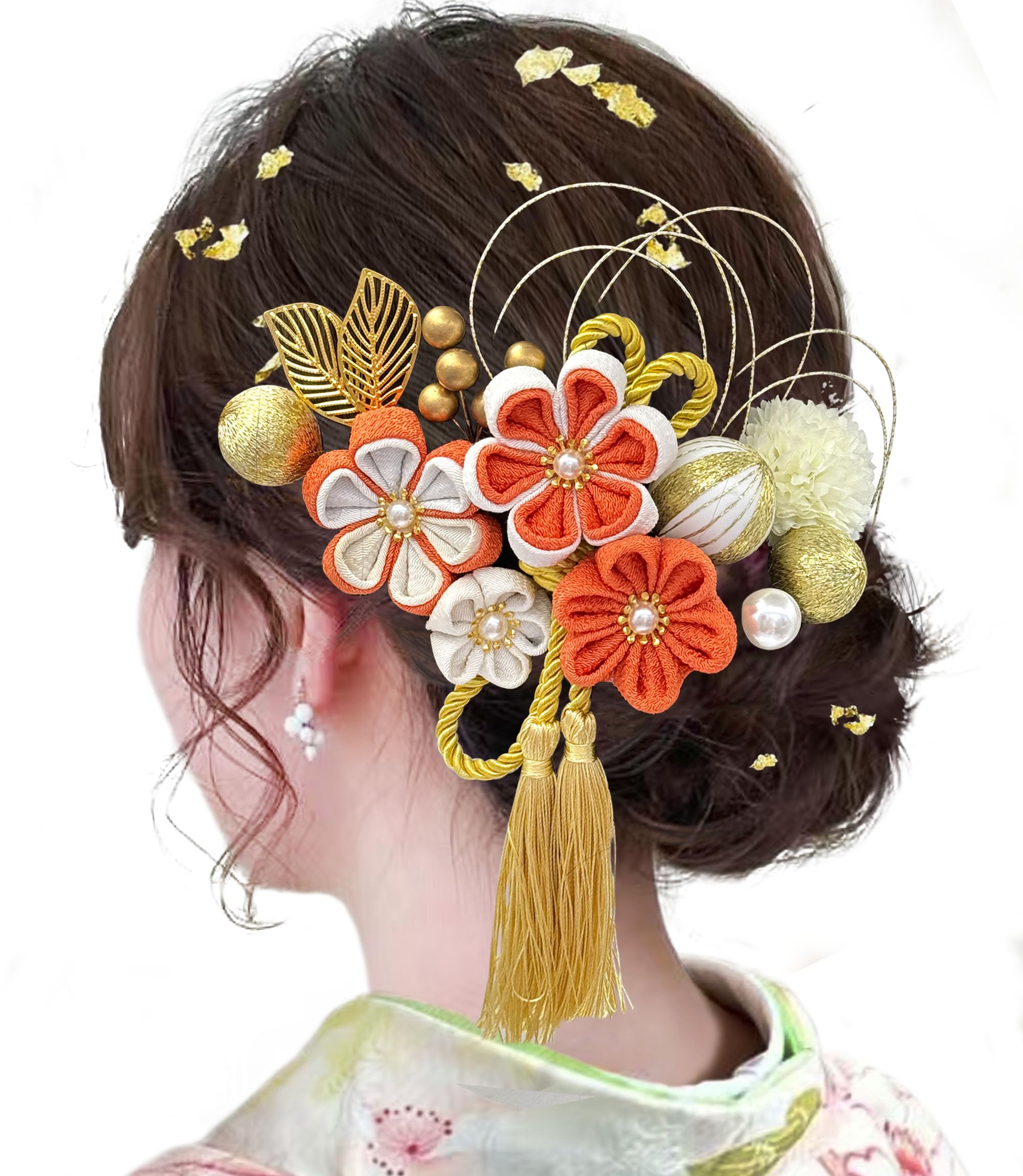 

JZOON Hair Ornament Popular Hair Accessories for and Entrance Fireworks H7110 11-Piece Set, Tsumami-Zaiku (Tsumami-zaiku) Design, Kimono, Furisode, оранжевый