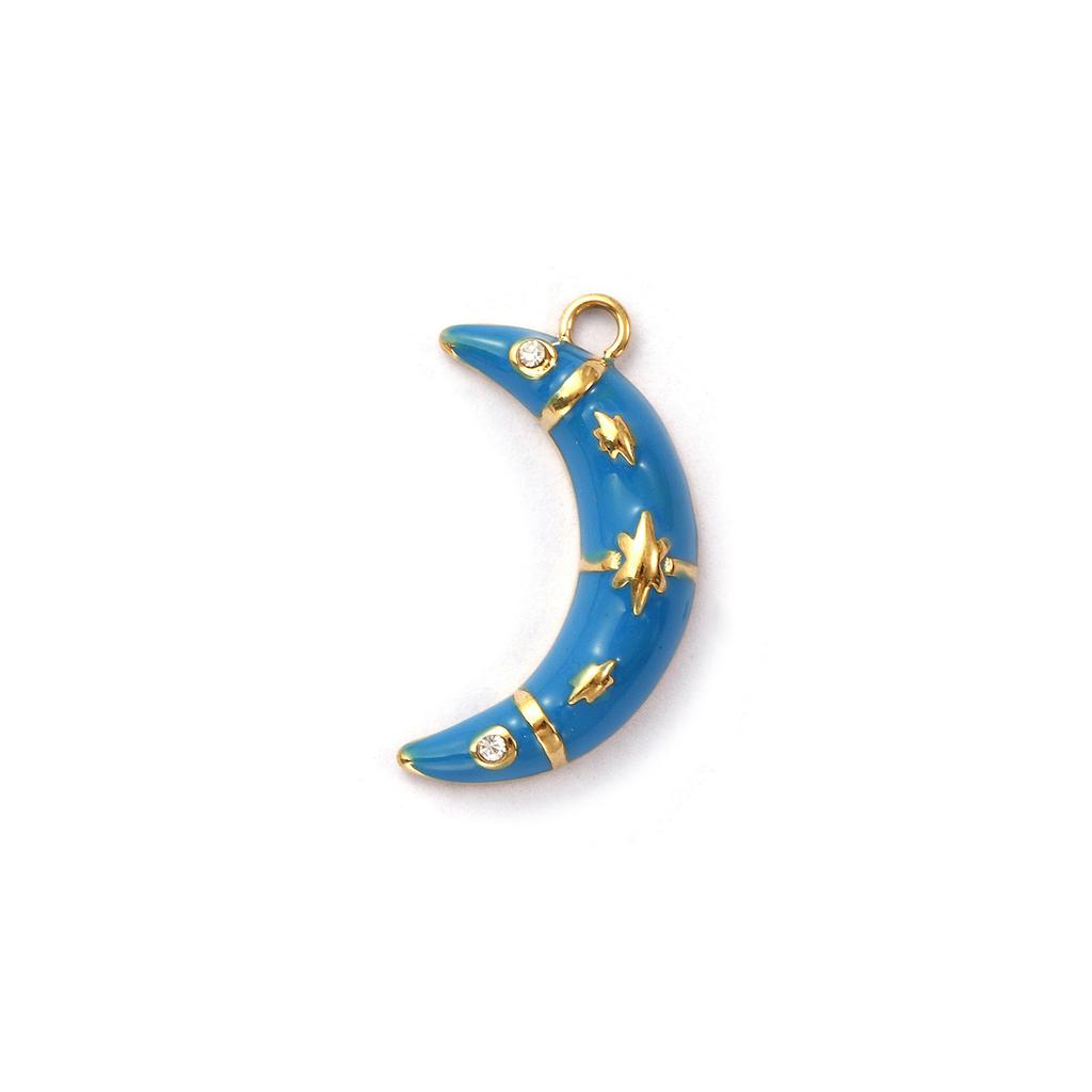 1 Piece 304 Stainless Steel Galaxy Charms 18K Gold Plated Enamel Half Moon Star Micro Pave Clear Cubic Zirconia DIY Necklace