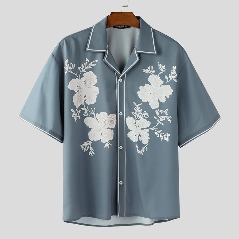 INCERUN Men Lapel Short Sleeve Floral Print Casual Oversized Shirts