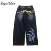 RogueWave Europejski i Amerykański Retro High Street Hip-hop Oldschool Czaszka Haft Luźne Casual Stylowe Jeansy Spodnie