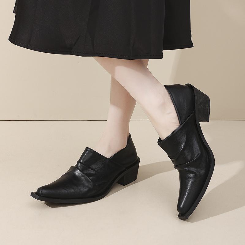 Autumn New Block Heel Single Shoes Women's Pointed Toe Deep Mouth Pleated Non-Slip Wear-Resistant Low Top Shoes