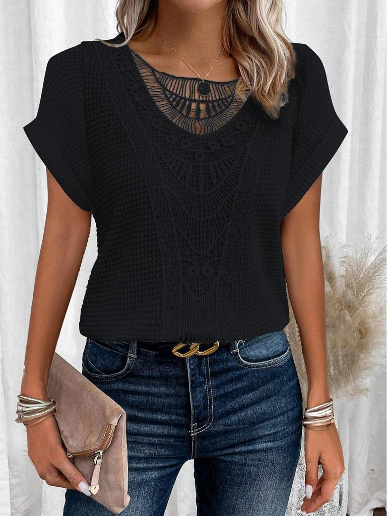 2024 Hollow Lace Splicing Plus Size Short Sleeve T-shirt for Women
