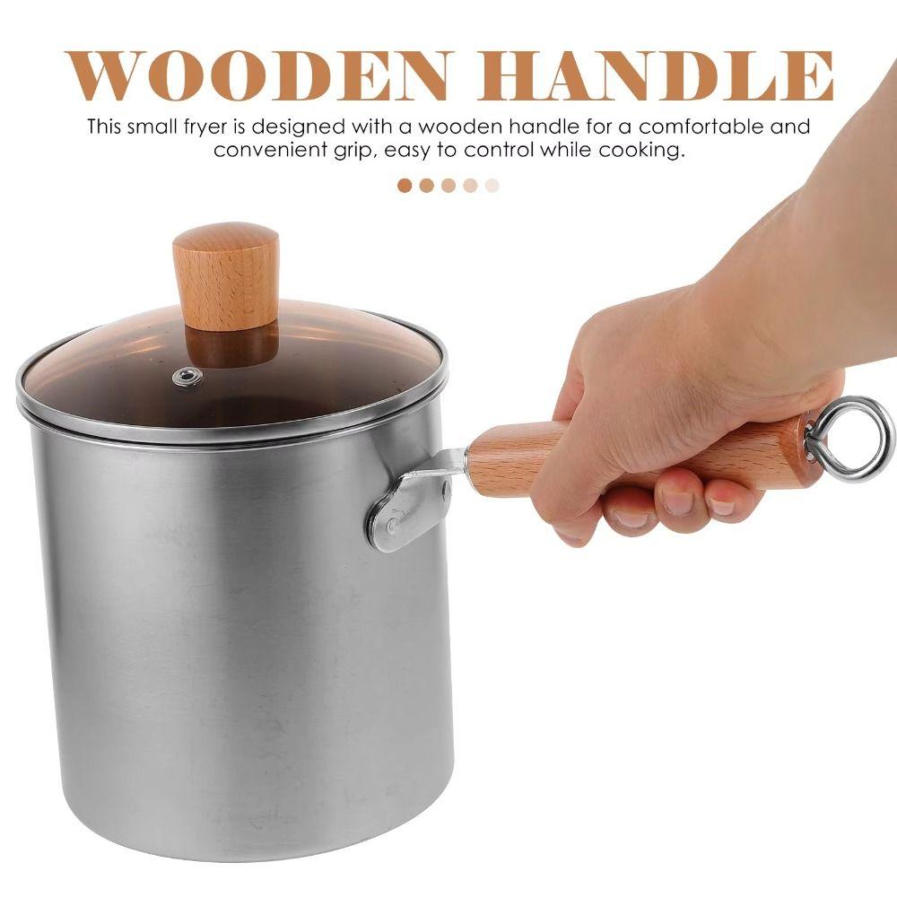 Heat Resistant Deep Fryer with Strainer Wood Handle Stainless Steel Frying Pan  Household Cooking