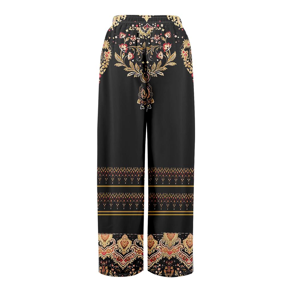 Women Summer Boho Palazzo Pants High Waist Wide Leg Floral Printing Casual Trousers With Pockets