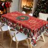 Tablecloth with Embossed Edges , Featuring a Merry Christmas Theme for Parties, Adorned with a Buffalo Check Bow, Poinsettias, Christmas Trees