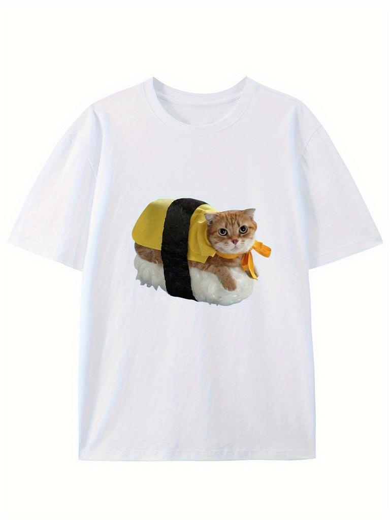 Sushi Cat Print Women TShirt Soft Short Sleeve Crew Neck Tee with Cute Kitten Sushi Roll Cat Lovers Apparel for Women Clothing