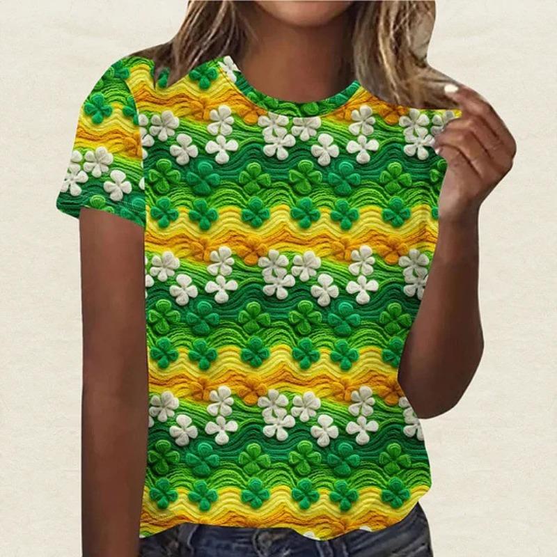 Summer Round Neck 3D St. Patrick's Day Print Top Fashionable Casual Short Sleeved Women's T-shirts