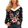 Women's Casual Long Sleeve Christmas Print V-Neck Top with Plush Collar for Holiday Outfit