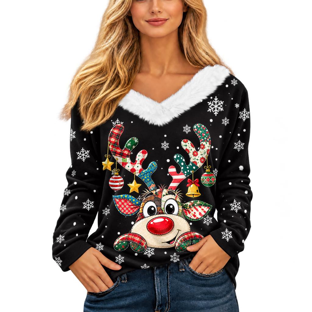 Women's Casual Long Sleeve Christmas Print V-Neck Top with Plush Collar for Holiday Outfit