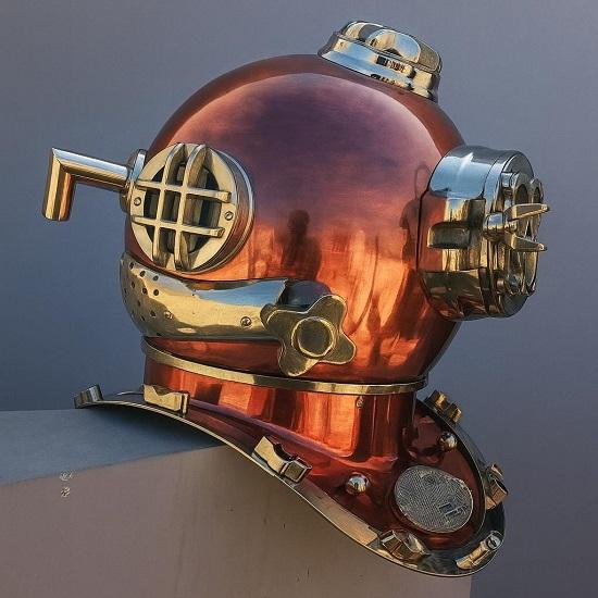 US Navy Mark V Scuba Divers Diving Helmet Copper Wood Base