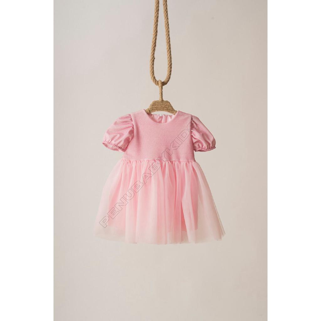 Rosa kurze Ballon-Stoffärmel, detailliertes Tutu-Tutu-Kleid für Babymädchen