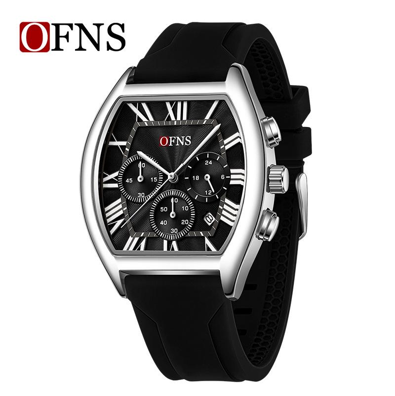 OFNS Men's Barrel-Shaped Waterproof Quartz Watch - Multifunctional Calendar with Three-Eye, Six-Hand Design, Casual Style.