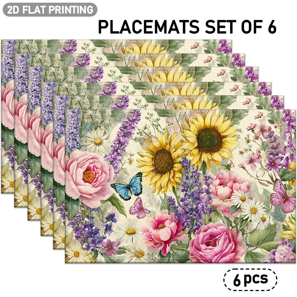 4/6pcs, Sunflower, Rose, Lavender And Butterfly Pattern Placemats, Floral Plant Design, Suitable for Indoor/Outdoor Party Restaurant Decoration, Kitch