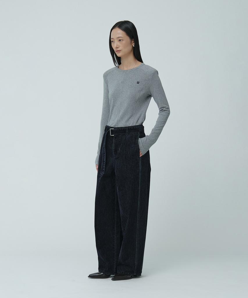 Muse Vitesse Curved Semi-Wide Buckle-Belted Denim Pants_Navy