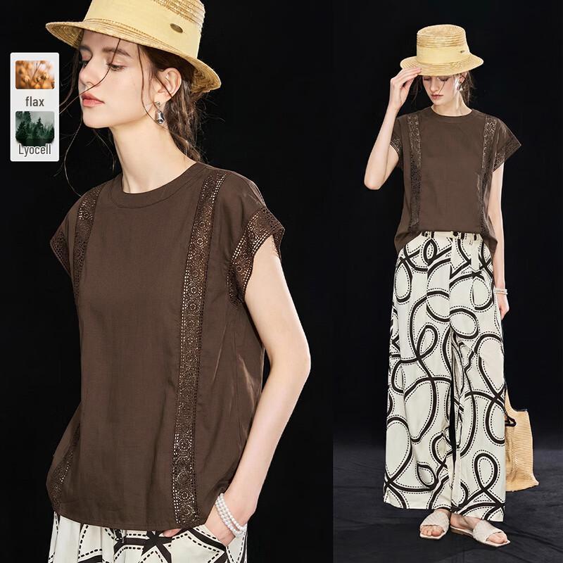 Women s Old Money Style Tencel Linen Blend Lace Short Sleeve Shirt S